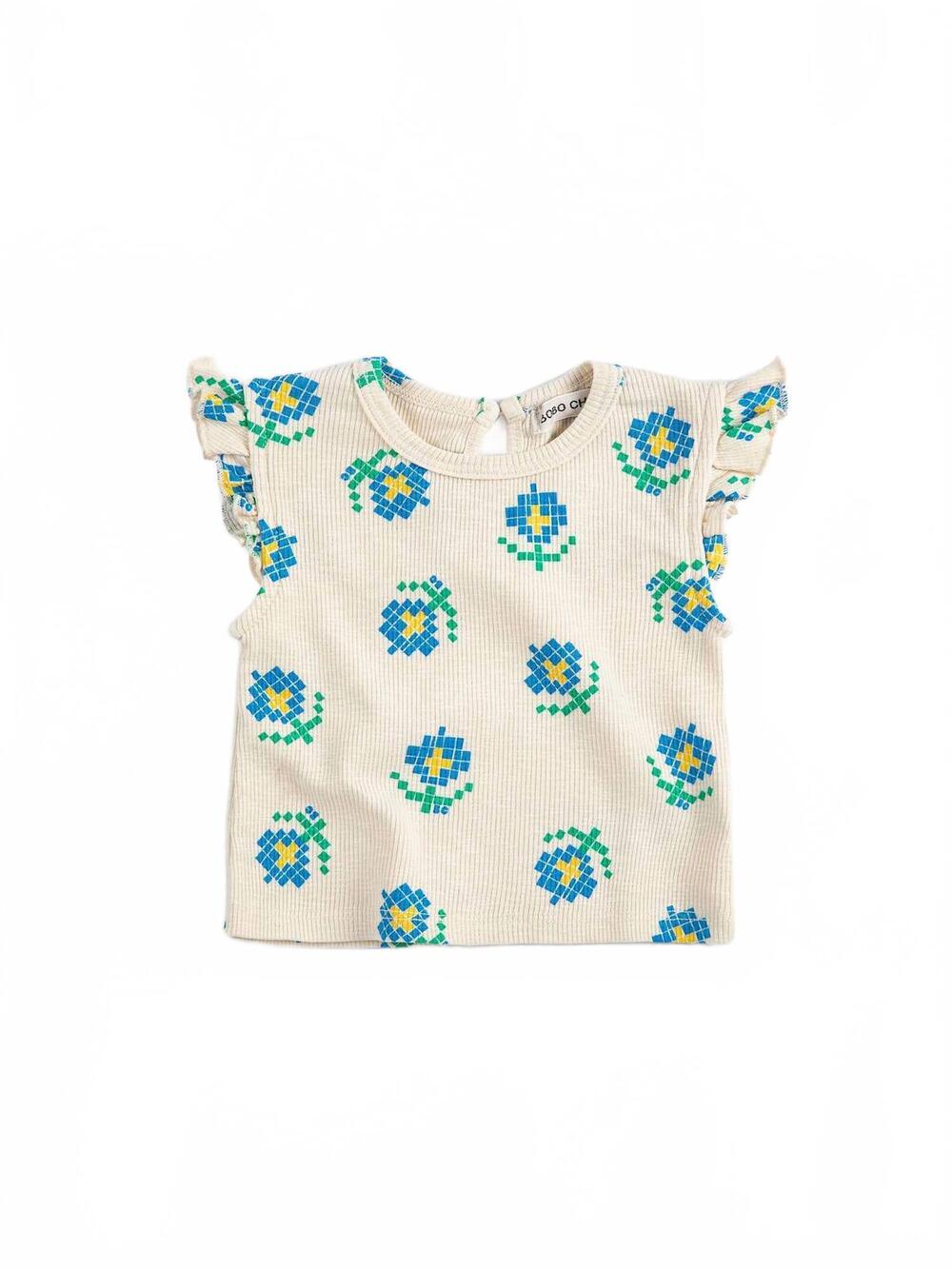 NEW BOBO CHOSES kid's pixel flowers all over ruffled top in white
